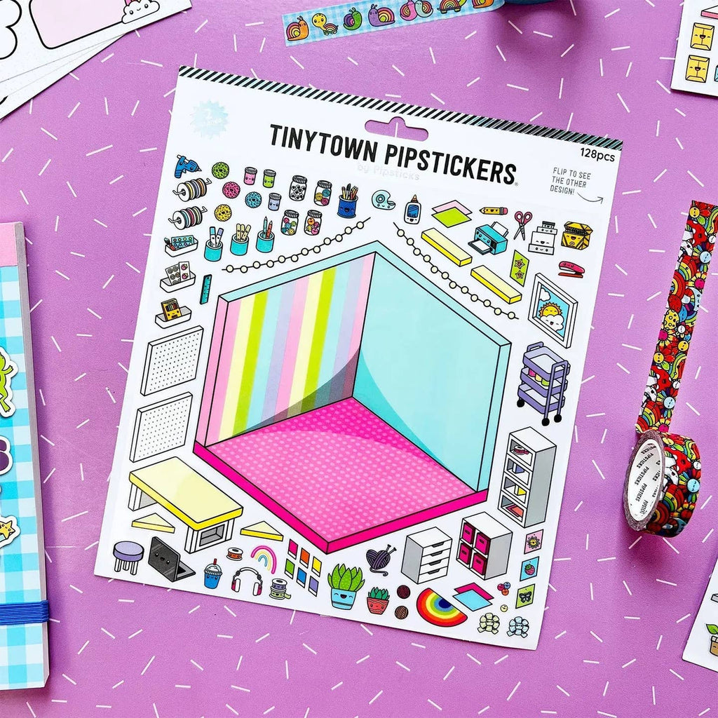 Sticker set with image of a room and a selection of stickers to decorate the room into a shipping DIY and dispatch area. Stickers include craft supplies and shipping supplies. 