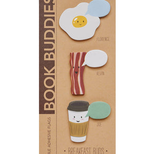 Image of three book buddies flags, a fried egg, a slice of bacon and a cup of coffee, each with a word bubble on them. 