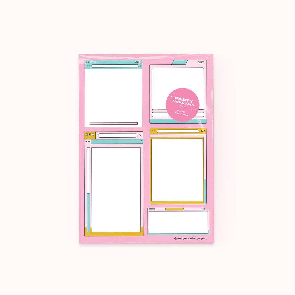 Notepad with pink border and images of open windows on computer screen in teal, gold and pink. 