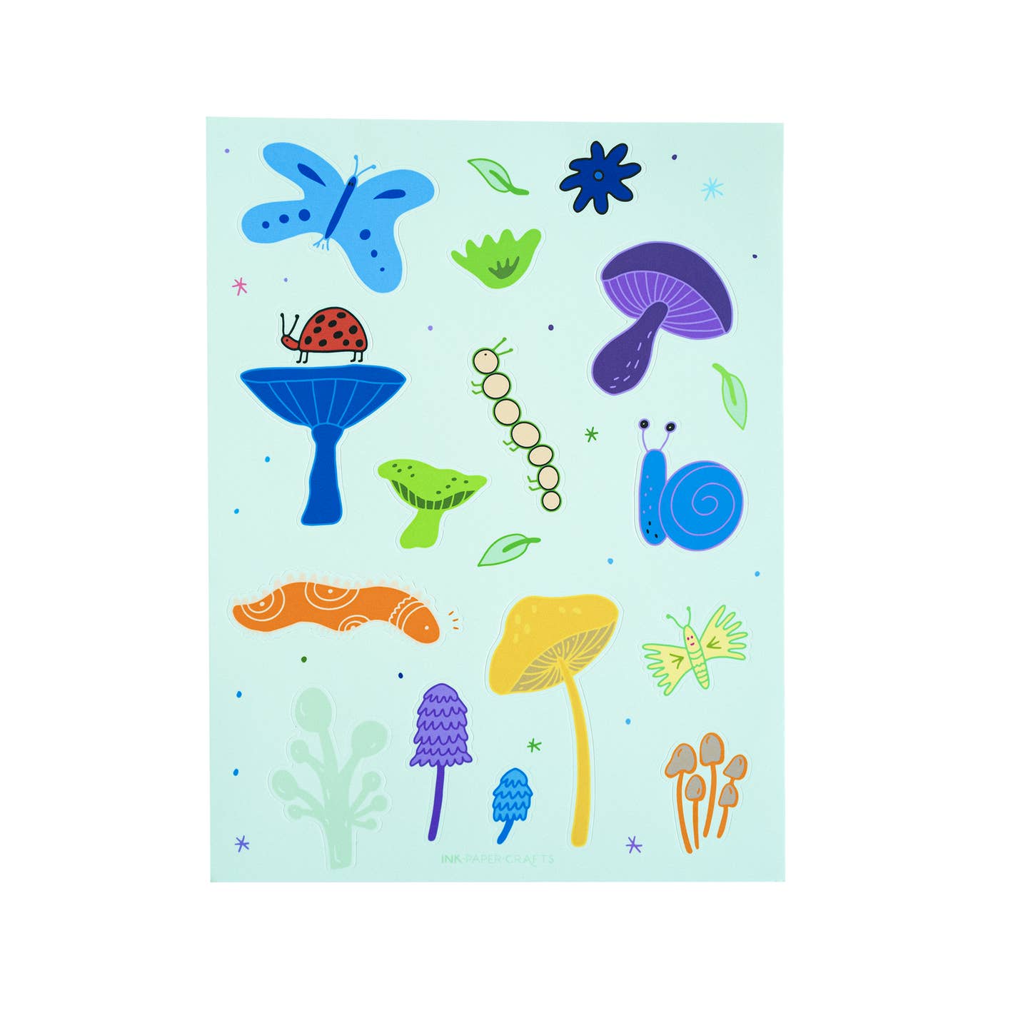 Sticker sheet with light blue background with images of individual stickers including snails, mushrooms, butterfly, ladybug, worm and caterpillar.