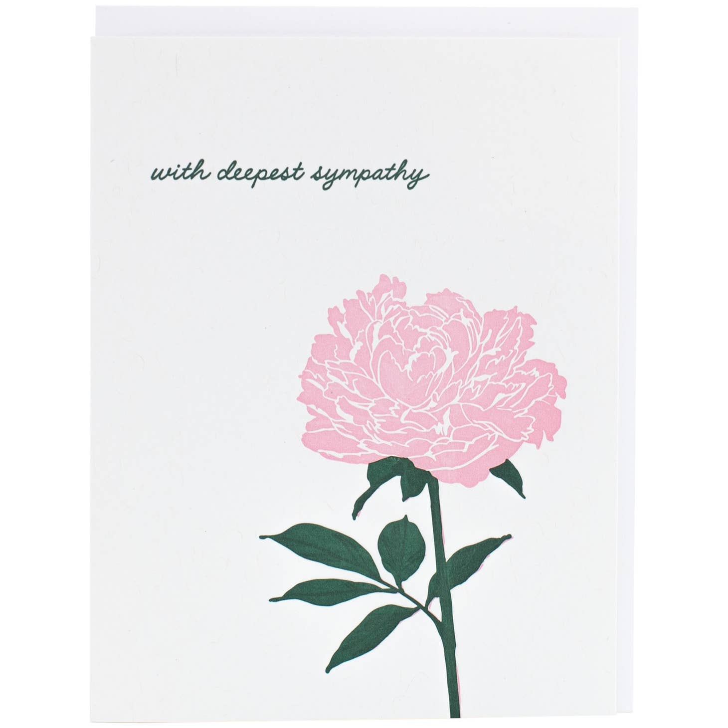 Ivory background with image of blooming pink peony. Green text says, “with deepest sympathy”. White envelope included. 
