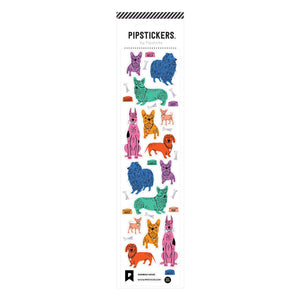 Sticker sheet with images of dogs in lilac, blue, green, orange, pink and yellow. 