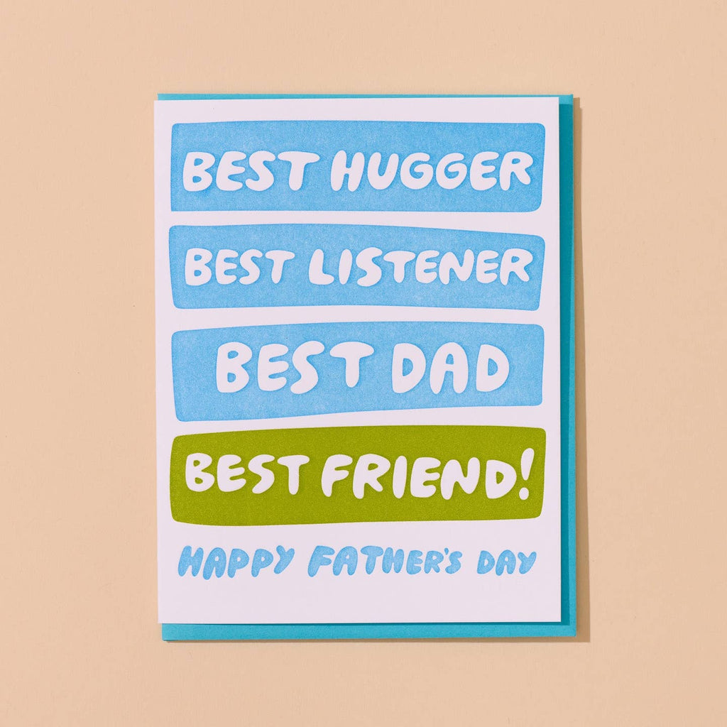 Greeting card with white background and color blocks in blue and green. White text says, "Best hugger", "best listener", best Dad", "Best friend!". Blue text says, "Happy Father's Day". Blue envelope included. 