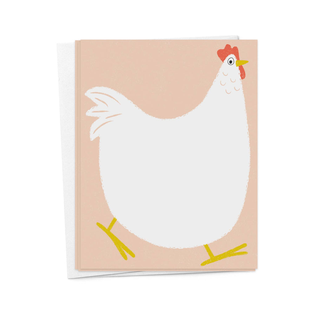 Image of flat note with peach background and image of white chicken with red crest and yellow beak and feet. 