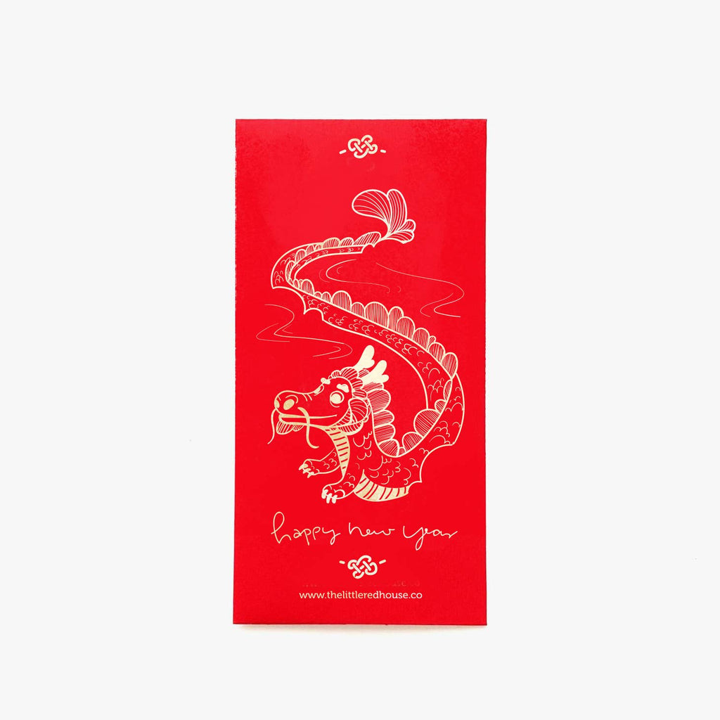Red envelope with gold foil image of dragon on a cloud. Gold text says, "Happy New Year". 