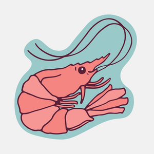 Decorative sticker with blue background and image of a pink shrimp. 