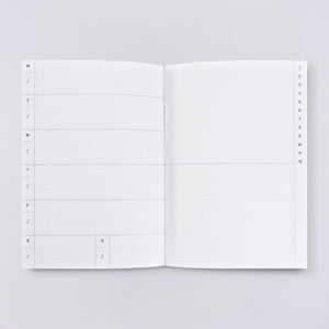 Planner page with white background and boxes for days. 