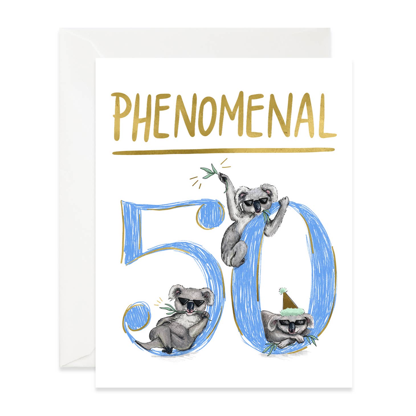 White background with image of large blue "50" with  three koalas lying on it. Gold text says, "Phenomenal". White envelope is included, 