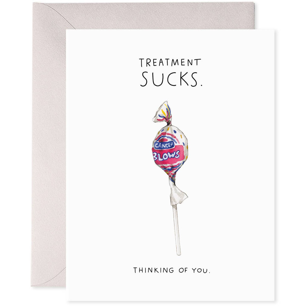 Greeting card with white background and image of a blowpop with white text says, "Cancer blows" and black text says, "Treatment sucks, thinking of you." Grey envelope included.