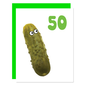 White background with image of dill pickle with eyes and green "50". Green envelope is included.