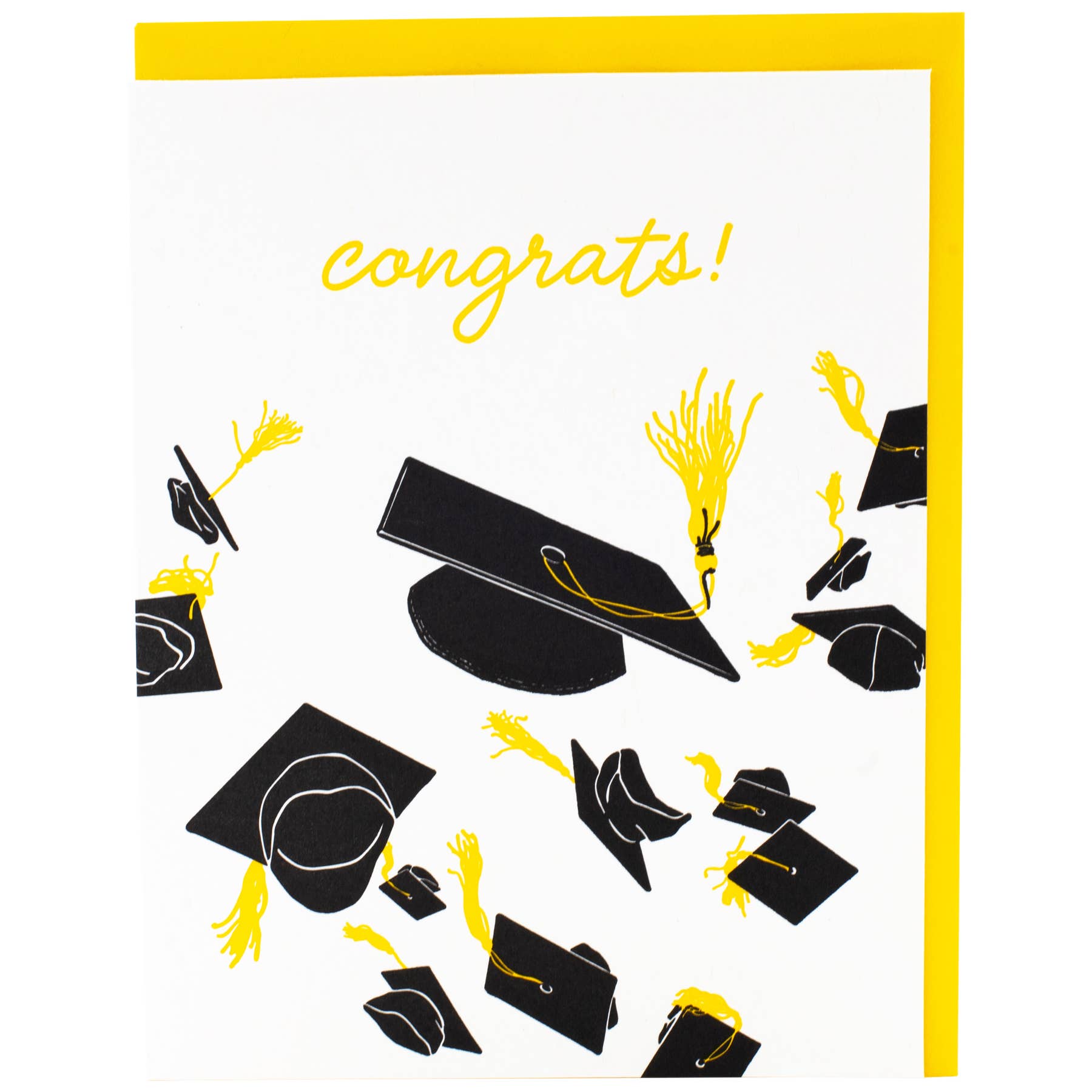 Greeting card with white background and images of black graduation caps with yellow tassels and yellow text says, "Congrats!". Yellow envelope included. 