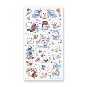 Sticker sheet with images of white bunnies doing activities in Wonderland. 