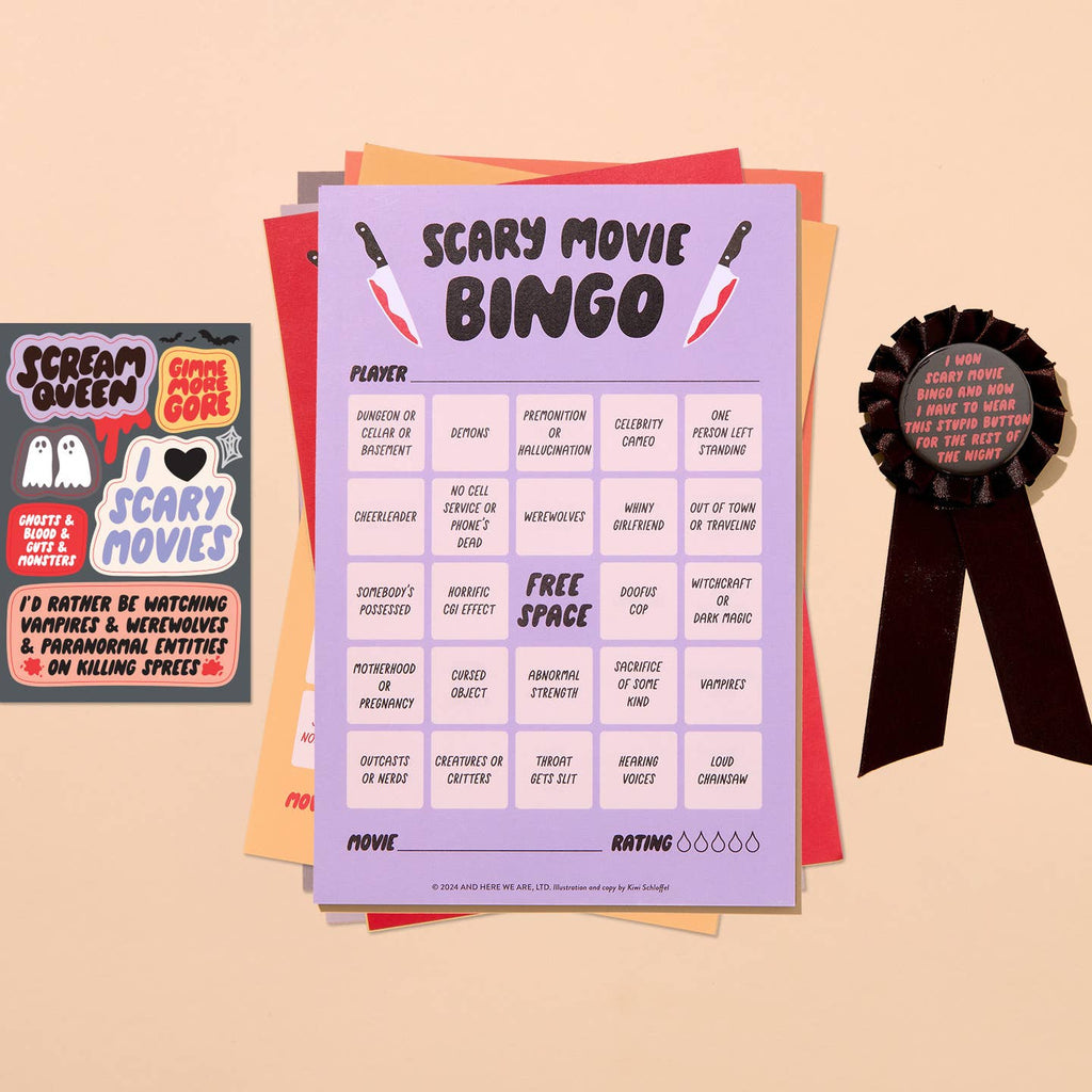 Image of bingo card with black text says, "Scary movie bingo" with images of bloody knives and bingo card with lilac background and pink squares.  Image of sticker sheet and black ribbon award. 