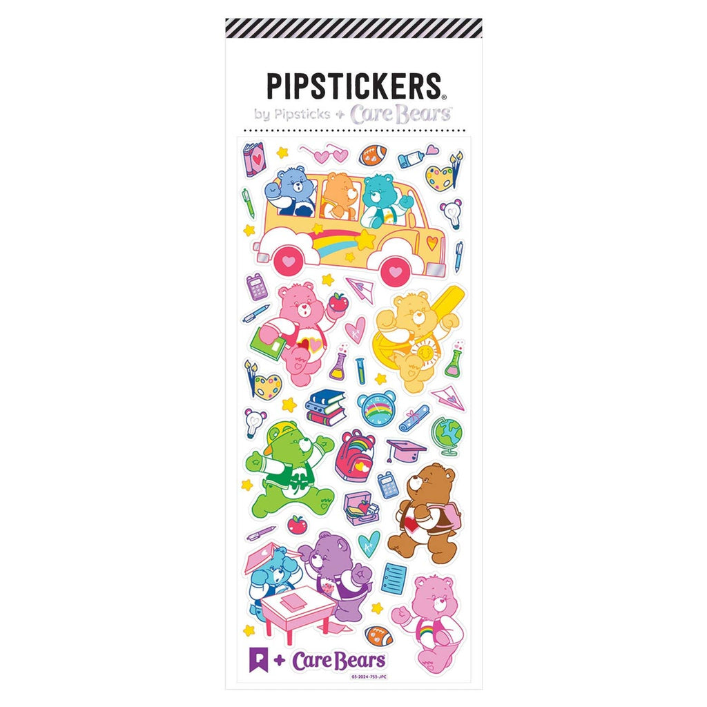 Sticker sheet with white background and images of Care Bears in rainbow colors doing school activities like riding school bus, carrying books and sitting at a desk.