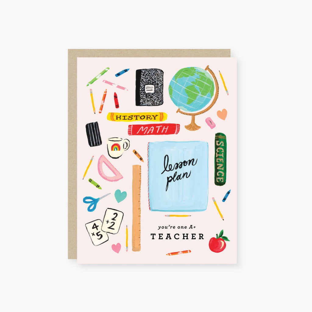 Ivory background with images of globe, crayons, composition notebook, lesson plan book, books, flash cards, mug, eraser, apple with black text says, “You’re one A+ teacher”. Kraft envelope is included.   