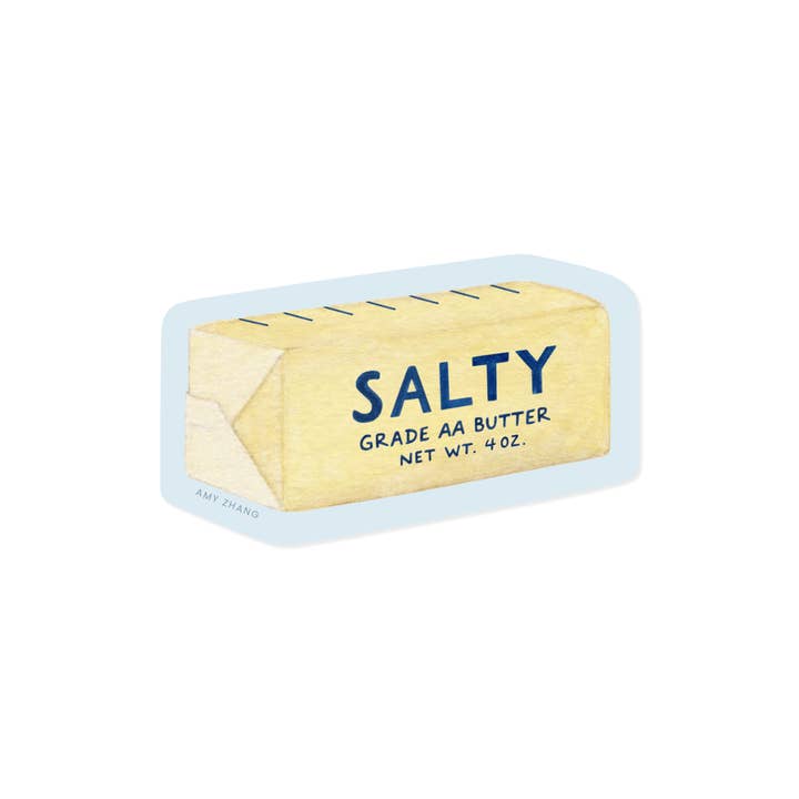Decorative sticker with pale blue background and image of yellow stick of butter with blue text says, "Salty Grade AA butter Net wt. 4 oz"