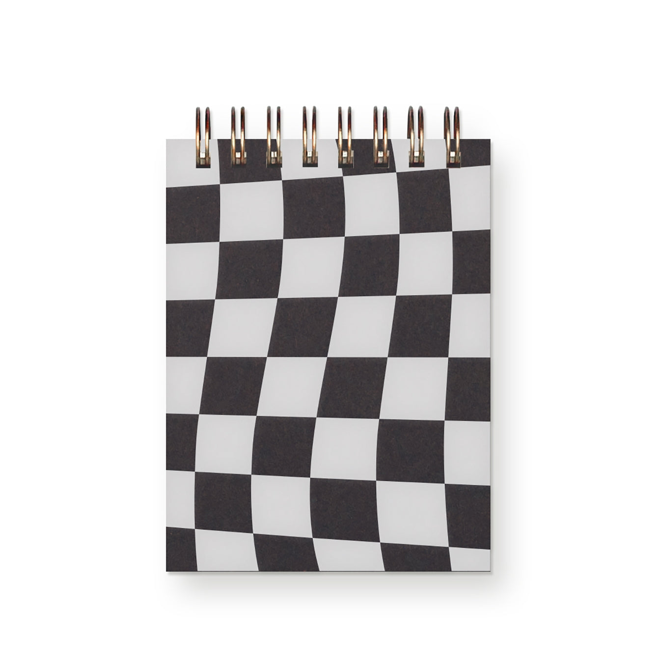Notepad cover in black and white check pattern with coiled binding at the top. 