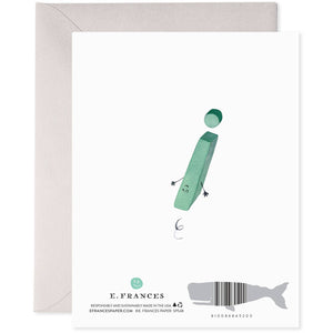 Back of greeting card with white background and image of an exclamation point in green bouncing on it's head. 