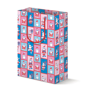 Gift bag with checkered background with images of Santa in teal, pink, hot pink and turquoise. Red handles. 