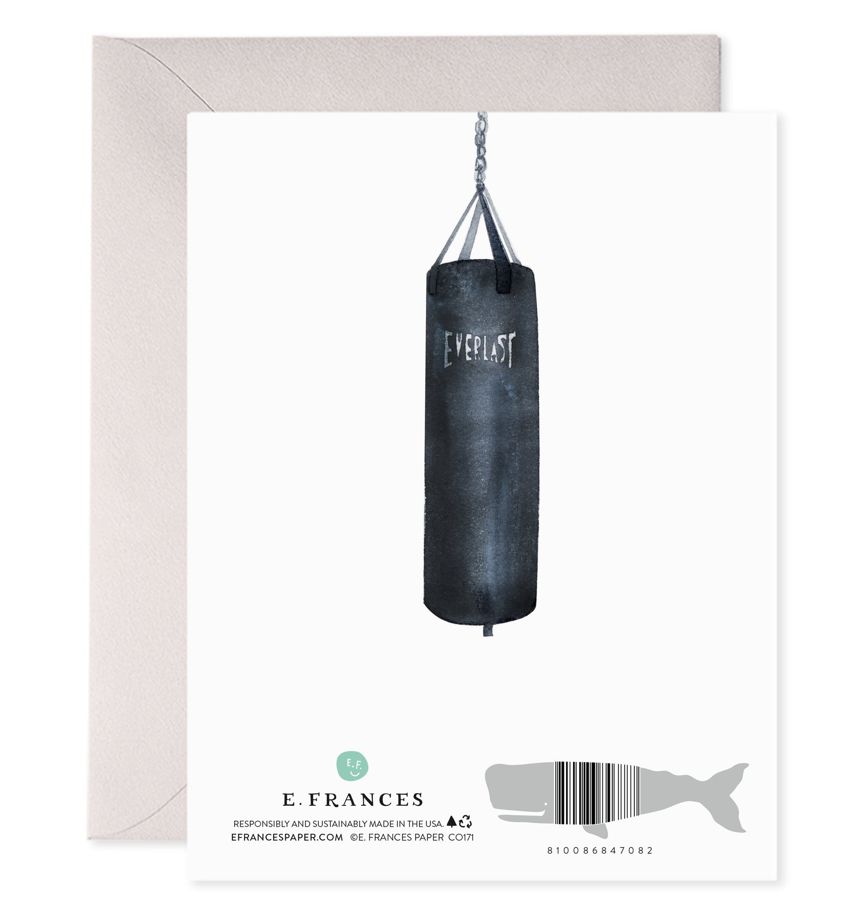 Back of greeting card with white background and image of black heavy bag for boxing with white text says, "everlast". 