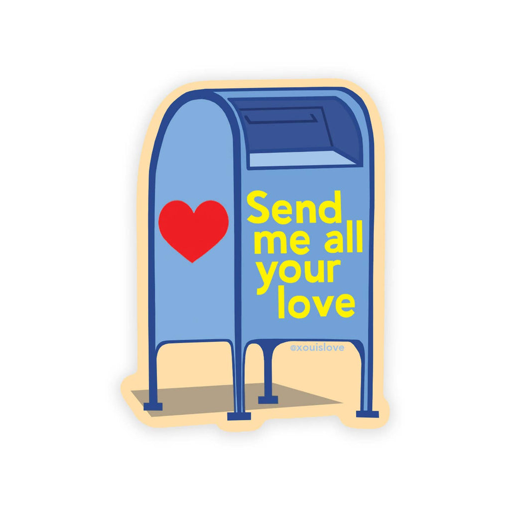 Decorative sticker with image of blue mailbox with red heart on side and yellow text says, "Send me all your love". 