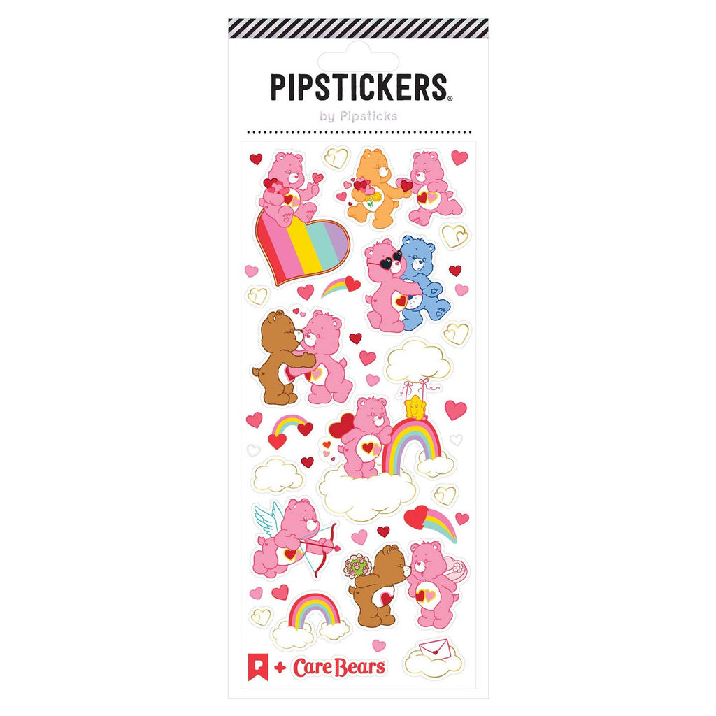 Decorative sticker sheet with images of Care Bears and rainbows, giving each other hearts and gifts. 