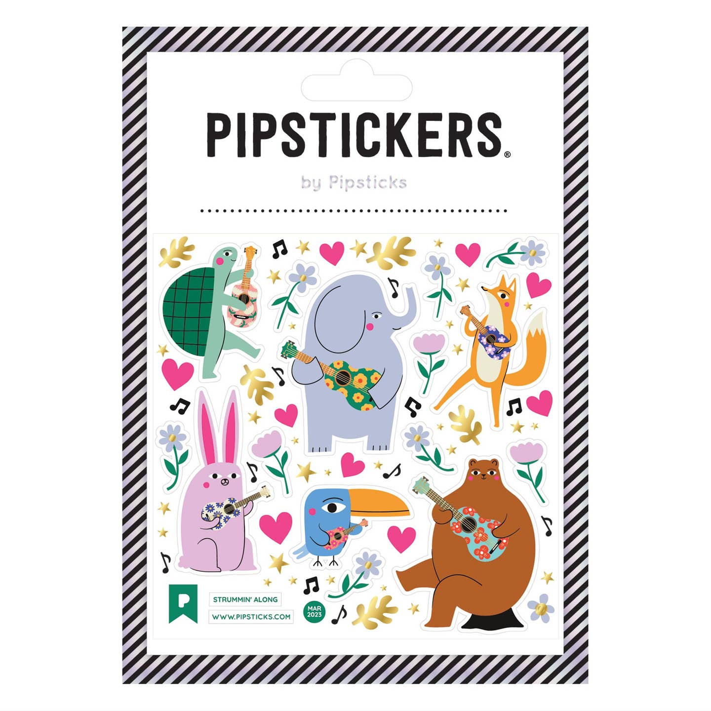 Sticker sheet with images of an elephant, turtle, bear, bunny, fox and bird strumming on guitars. 