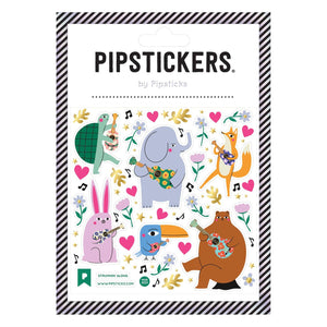 Sticker sheet with images of an elephant, turtle, bear, bunny, fox and bird strumming on guitars. 