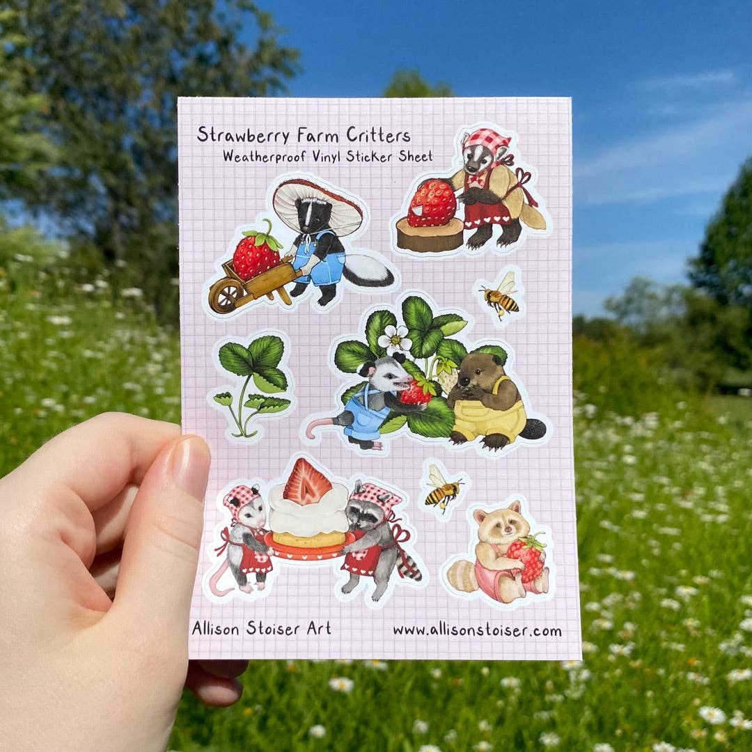Opposum and Raccoon Strawberry Fields Sticker Sheet