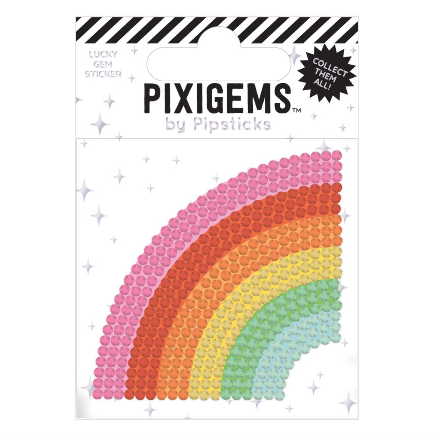 Sticker in the image of a rainbow in pink, red, orange yellow, green and blue.