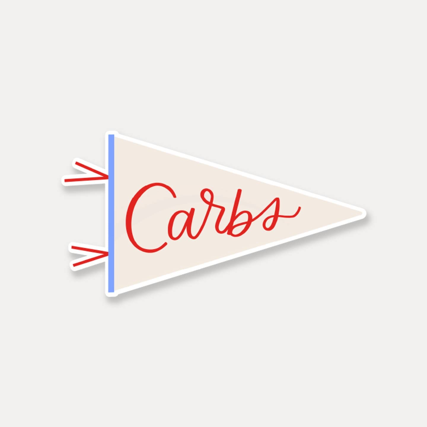 Decorative sticker with white background in shape of a pennant flag. Red text says, "Carbs". 