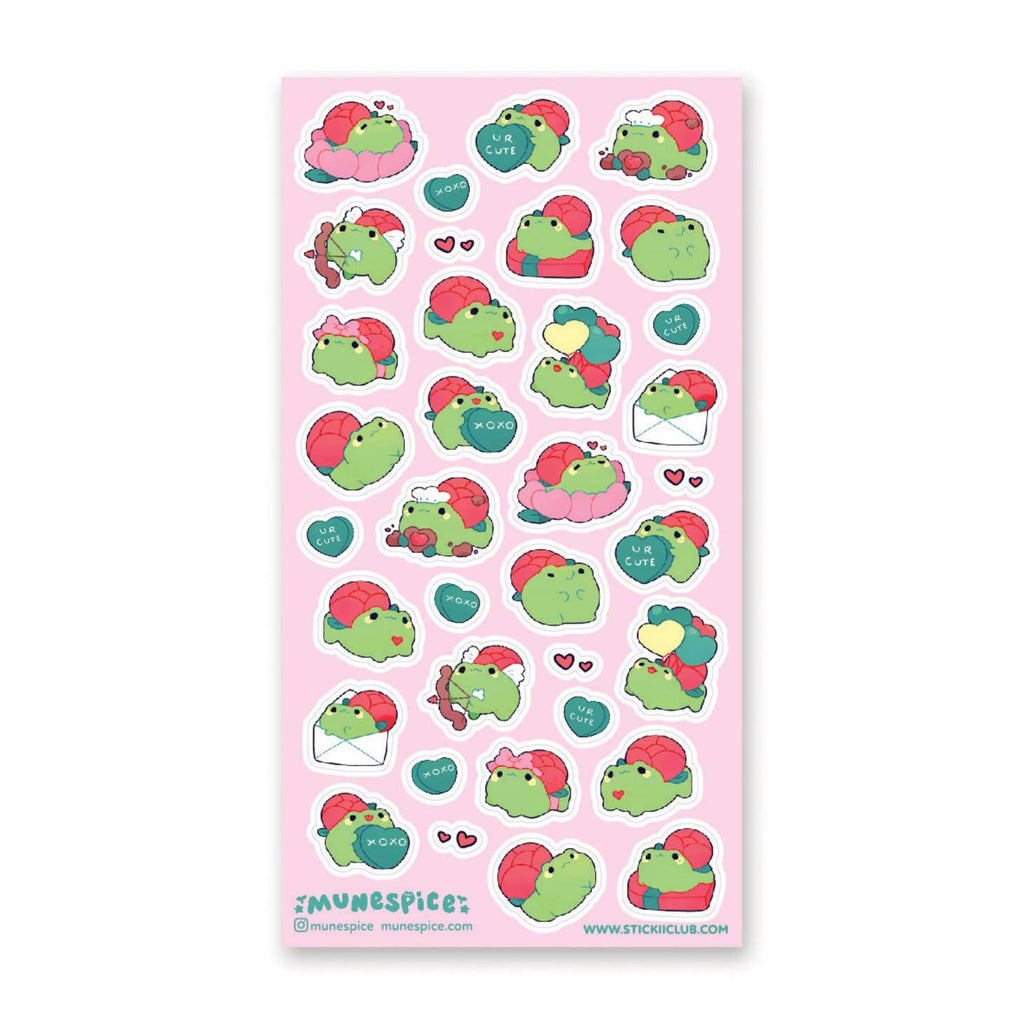 Images of small green frog with valentines and cupid activities. Small green conversation hearts. 