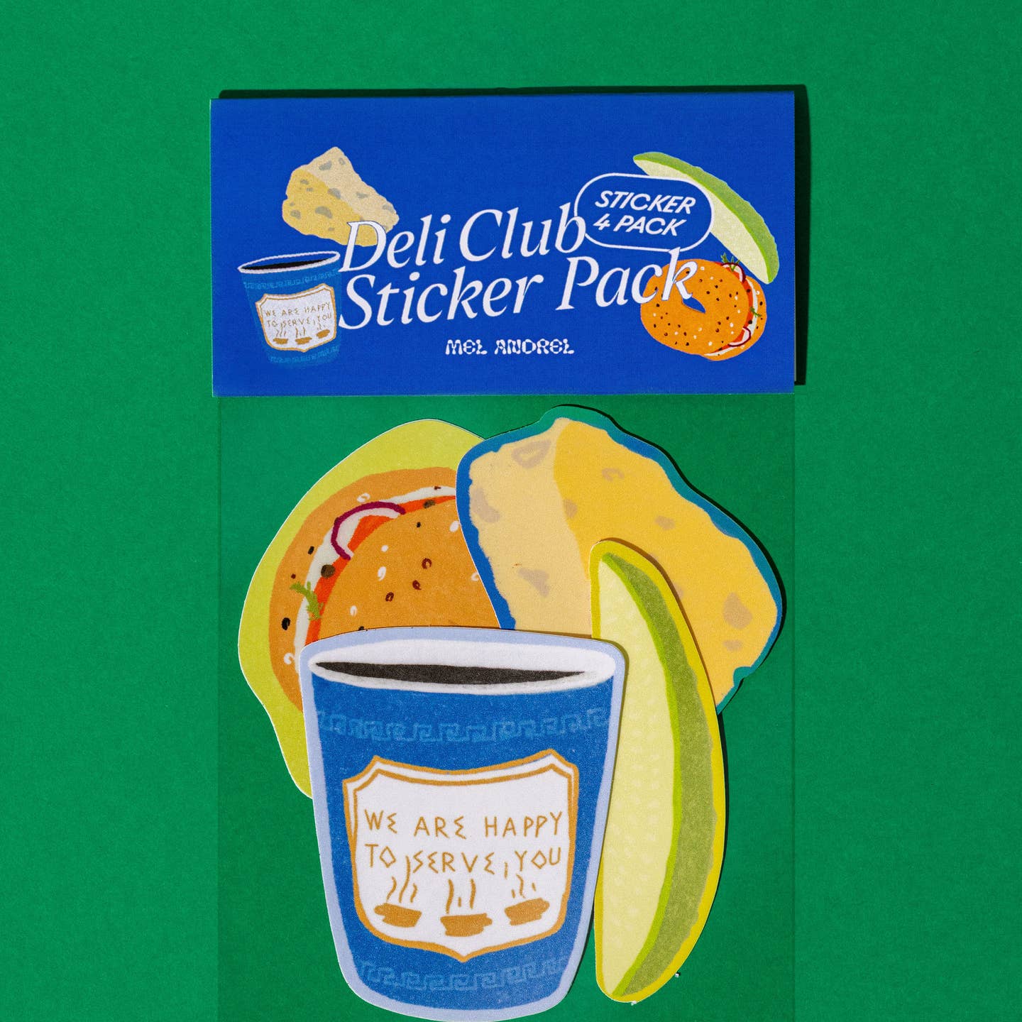 Decorative stickers in the image of a bagel with cream cheese, pickle, wedge of cheese and a cup of take out coffee.