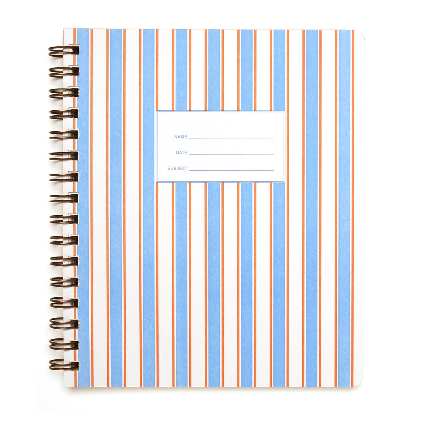 Notebook with vertical stripes in white, blue with smaller pink lines on each side. White rectangle with blue text says, "Name, Date, Subject". Coiled binding.