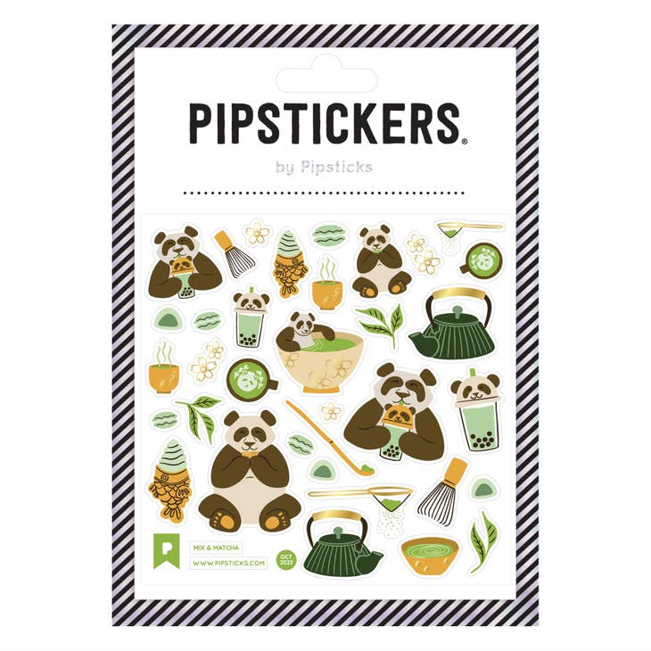 Image of sticker sheet with white background and image of panda bears with matcha tea and teapots .