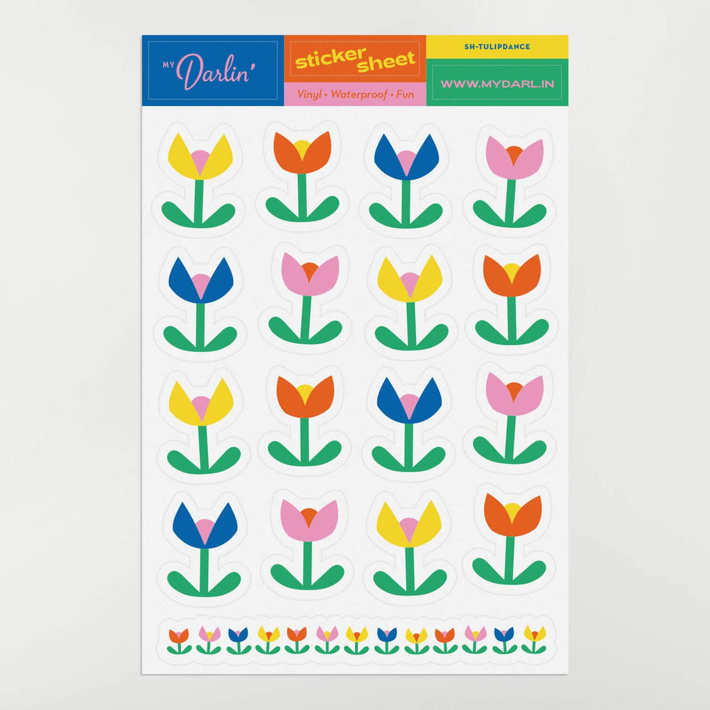 Sticker sheet with white background and images of tulips in red, yellow, blue and green. 