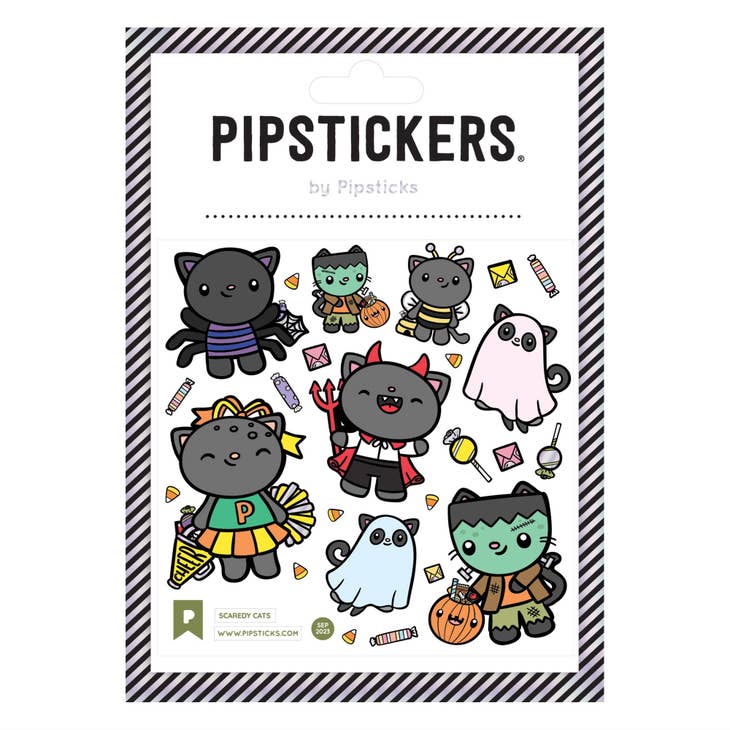 Image of sticker sheet with white background and images of cats in costumes including cheerleader, ghost, Frankenstein, bee, and devil. 