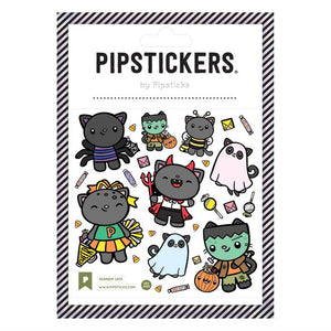 Image of sticker sheet with white background and images of cats in costumes including cheerleader, ghost, Frankenstein, bee, and devil. 