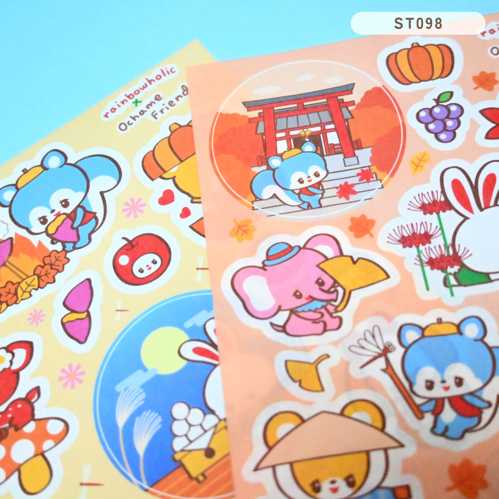 Sticker sheets with orange and yellow backgrounds and images of cute animals having adventures.
