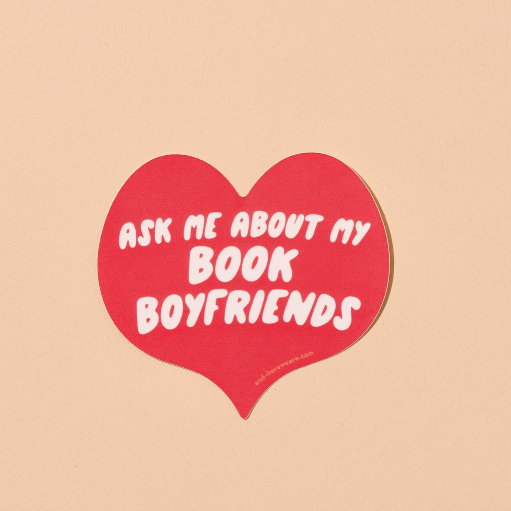 Image of red heart with white text says, "Ask me about my book boyfriends".