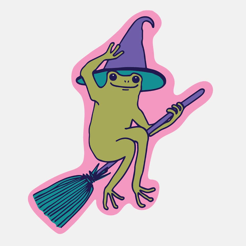 Decorative sticker in image of green frog riding on teal broom wearing a purple witch hat. 