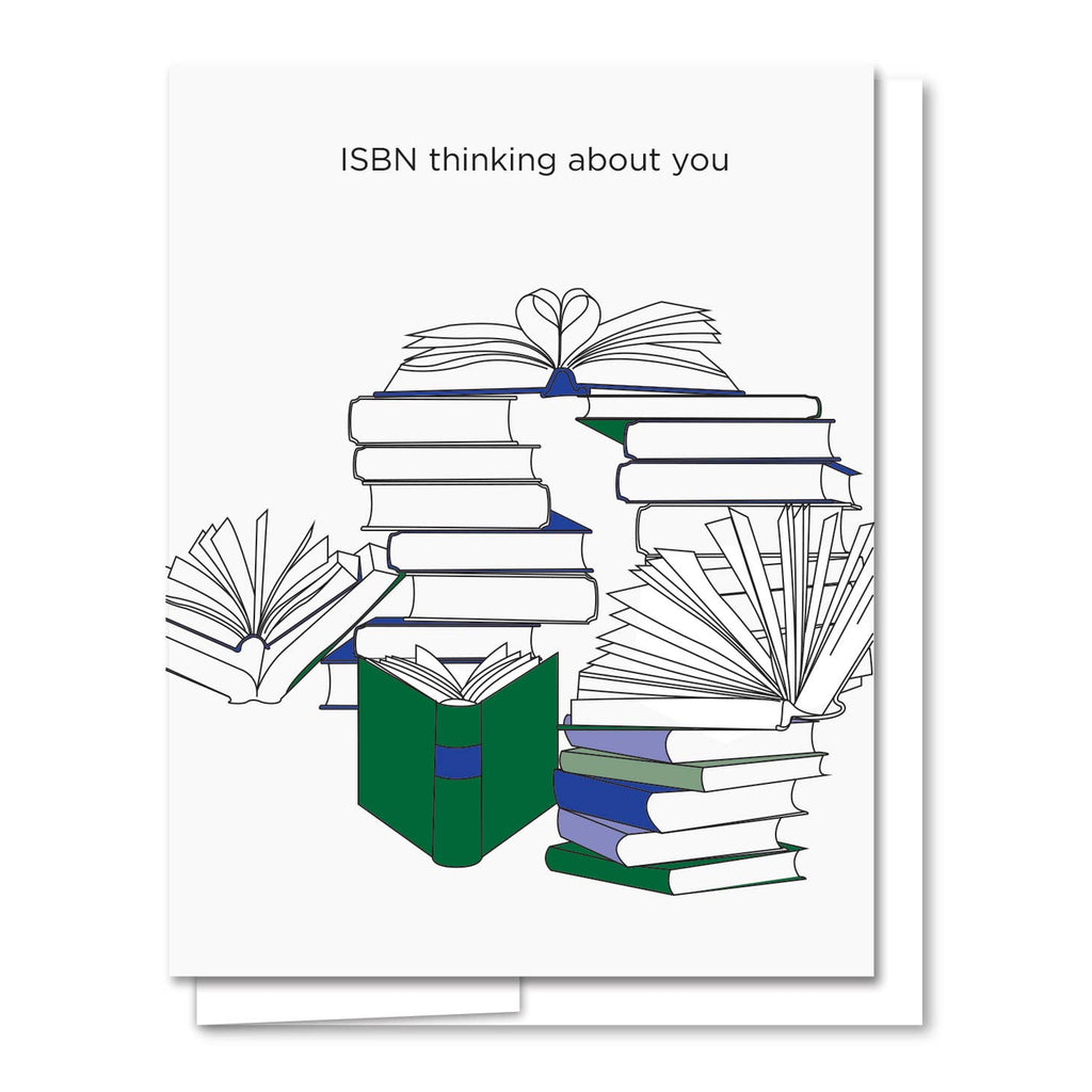 White background with image of stacks of books in blue and green with pages folded to resemble a heart. Black text says, “ISBN thinking about you”. White envelope is included.    