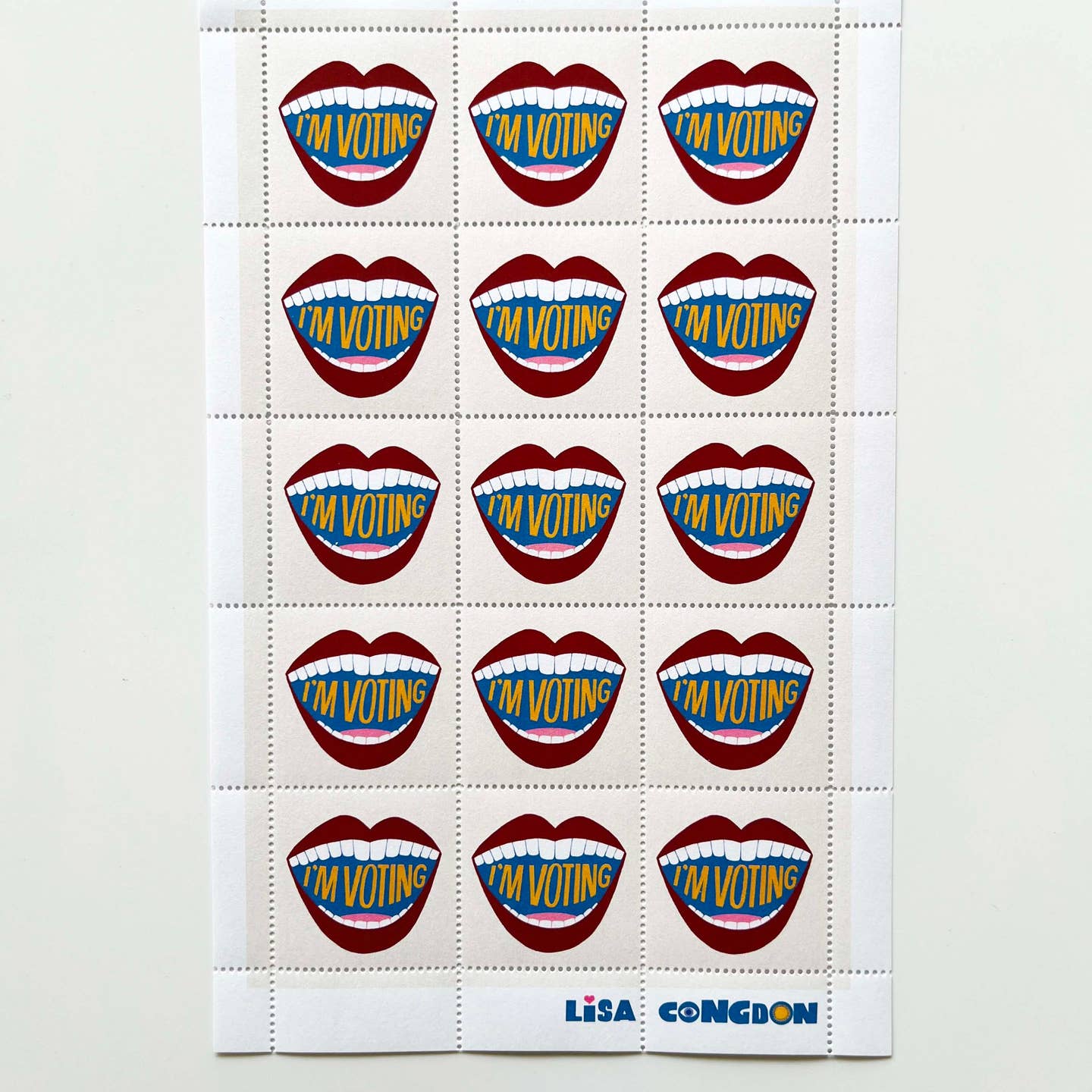 Decorative stamps with white background and image of mouth with red lips and white teeth with yellow text says, "I'm voting". 