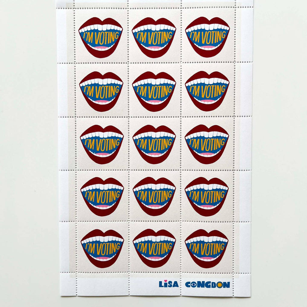 Decorative stamps with white background and image of mouth with red lips and white teeth with yellow text says, "I'm voting". 