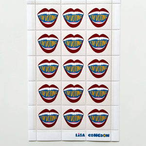 Decorative stamps with white background and image of mouth with red lips and white teeth with yellow text says, "I'm voting". 