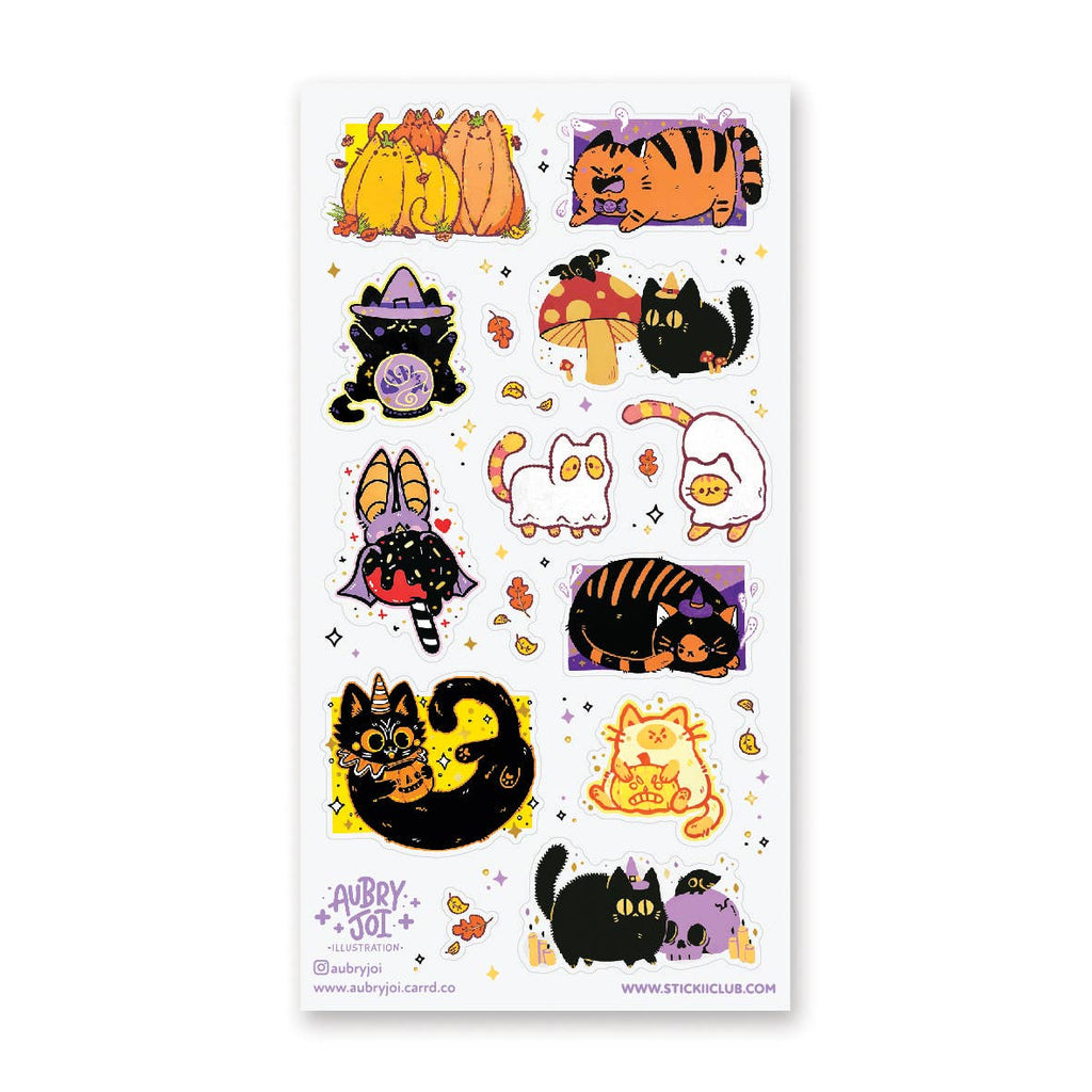 White background with images of cats in halloween costumes. 