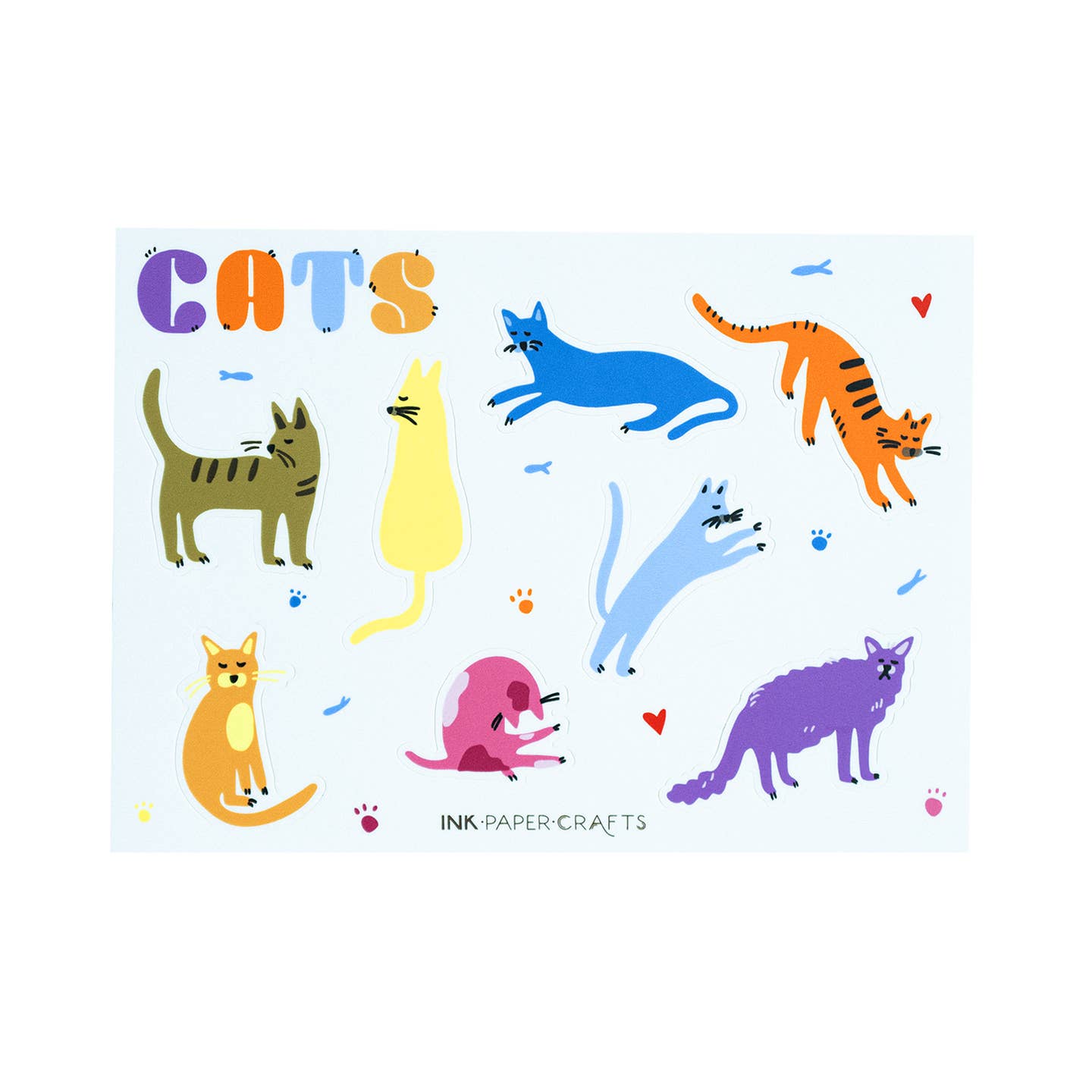 Sticker sheet with white background and images of cats in orange, blue, green, purple and yellow. 