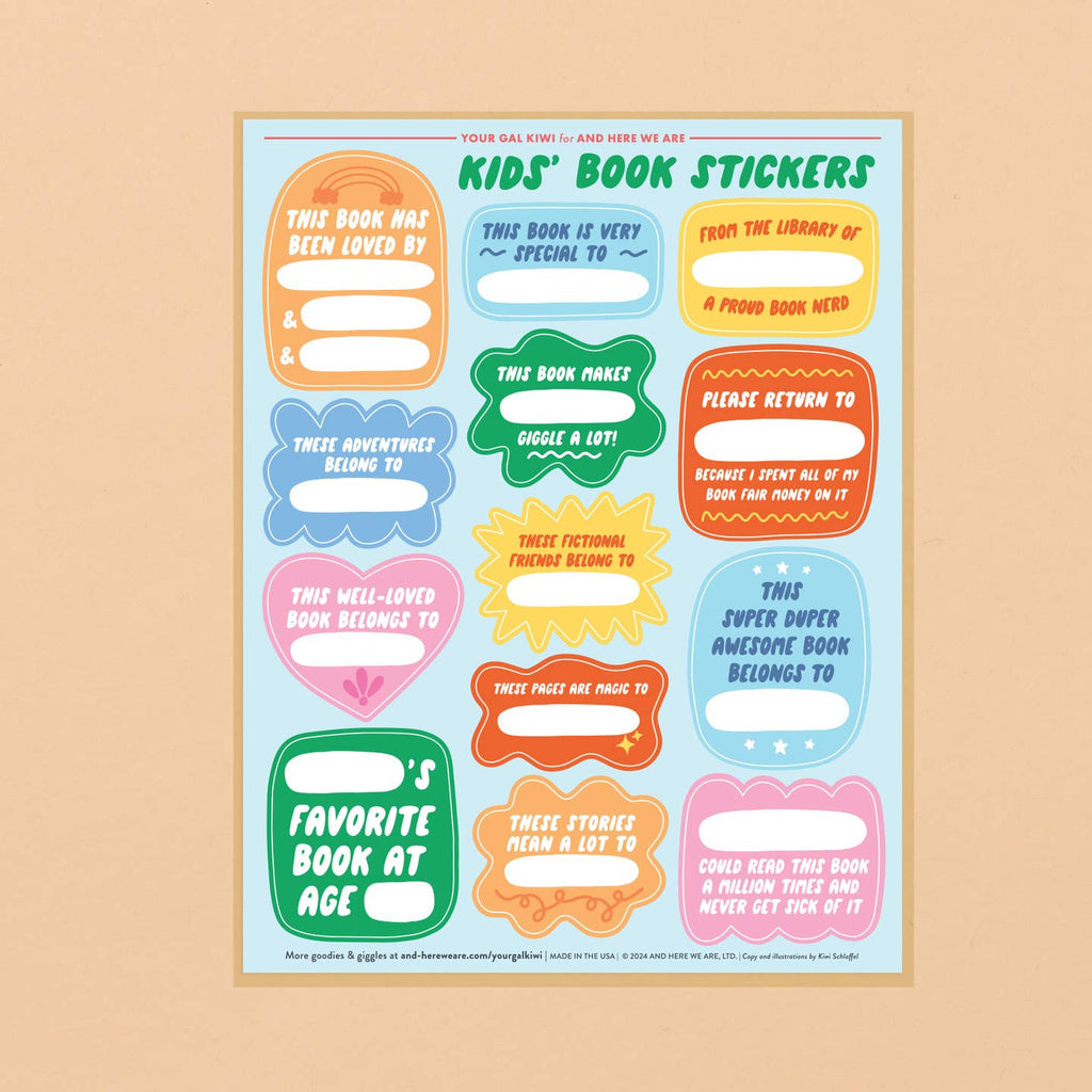 Sticker sheet with images of sticker book plates in bright colors with text says, "This book has been loved by" with space for names, "this book is very special to", "this super duper awesome book belongs to". 