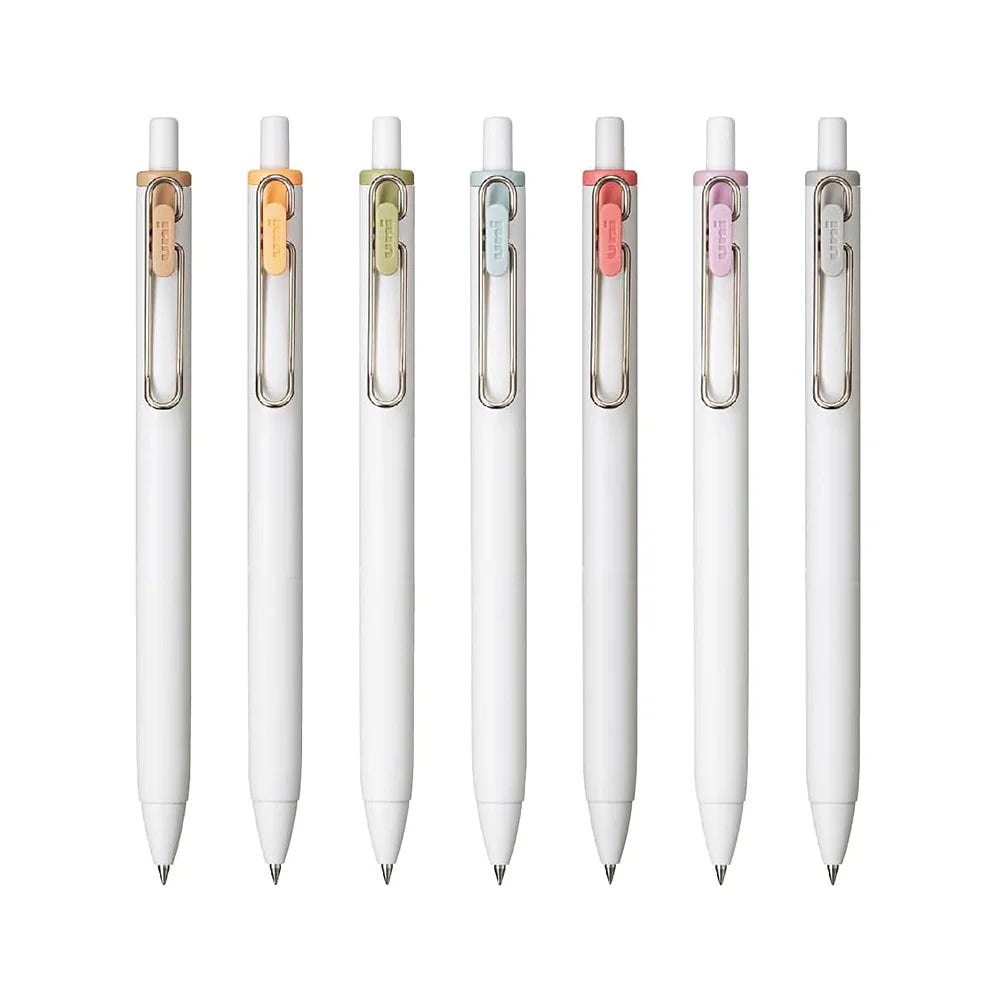 Ballpoint gel pens with white barrel and ink color clips.