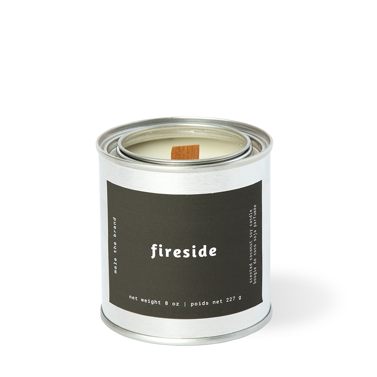 Image of candle with black label and white text says, "Fireside". 
